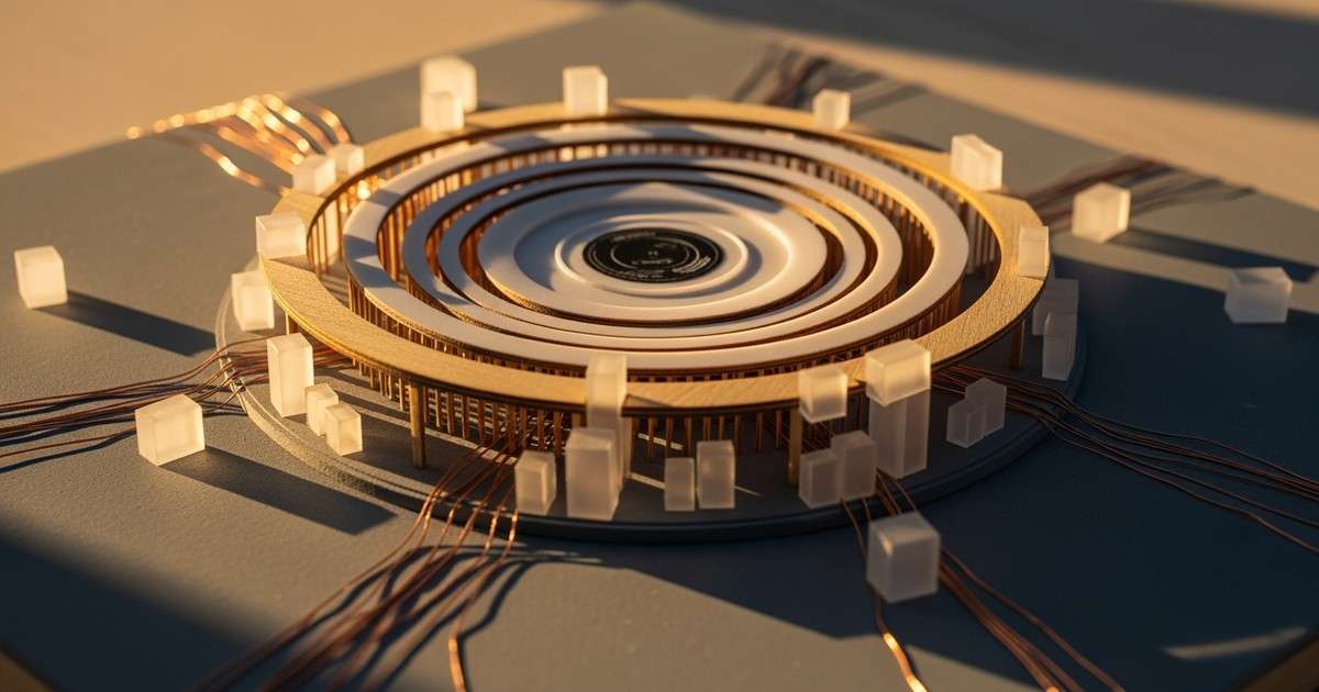 A high-angle close-up of a wooden architectural model featuring a circular amphitheater with concentric rings and tiny frosted glass cubes.