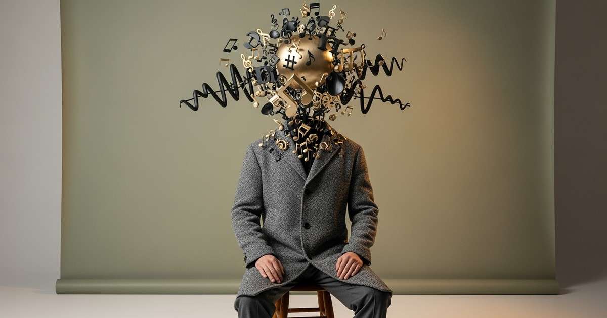 A surreal editorial portrait of a musician in a wool coat, where their head is replaced by a swirling cloud of gold musical notes and