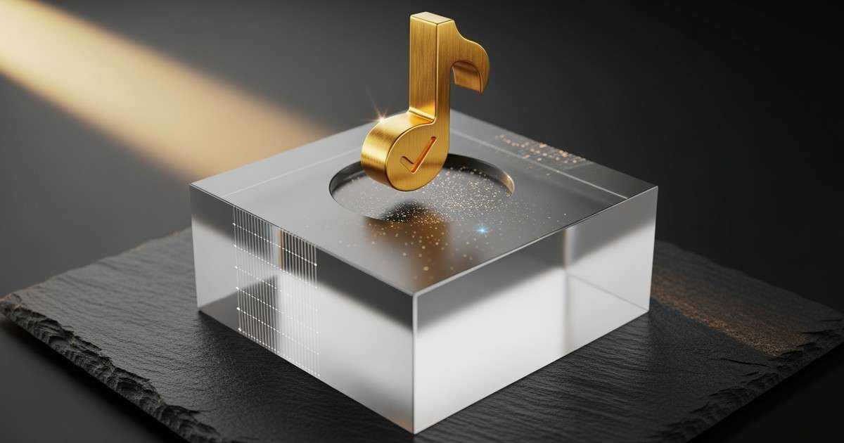 A hyper-realistic 3D illustration of a brushed gold musical note hovering just above a matching slot in a frosted glass block, symbolizing