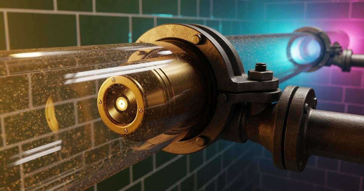 A macro shot of a brass pneumatic tube capsule containing a miniature gold record, paused at a closed valve in a glass pipeline.