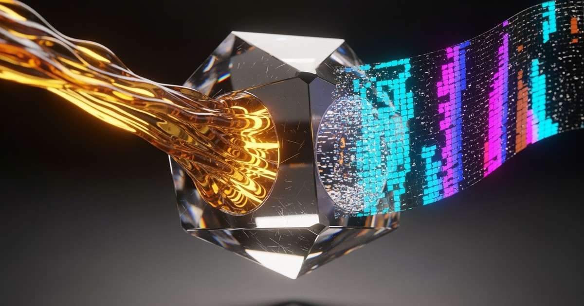 A glowing stream of liquid gold flows into a faceted glass prism and emerges as a vertical, iridescent holographic ribbon in a dark studio