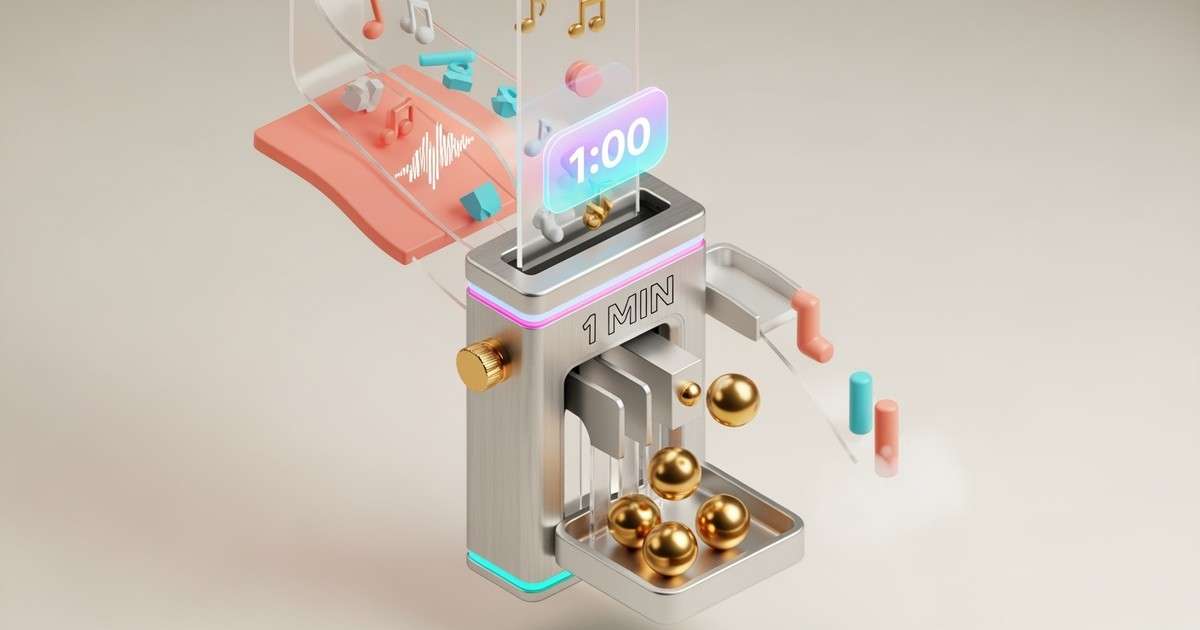 A stylized 3D isometric illustration of a vertical content machine where music notes travel through a timer gate and transform into gold