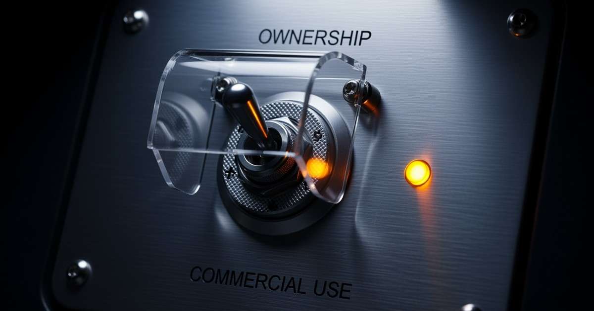 A macro shot of a heavy-duty industrial toggle switch on a titanium audio panel labeled 'OWNERSHIP', symbolizing the seriousness of music