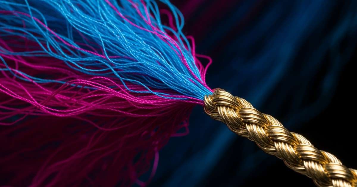 Macro photograph of loose electric blue and neon pink threads being tightly woven into a single, strong golden rope against a dark