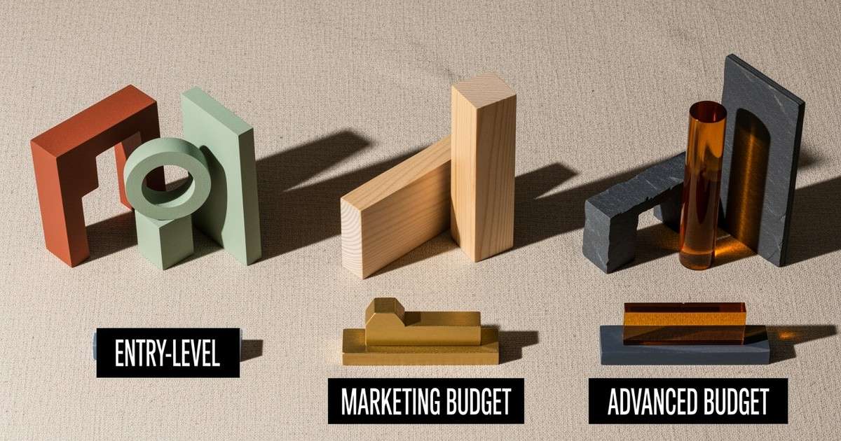 A high-angle studio photograph of a geometric assemblage featuring three clusters of wooden and acrylic shapes that grow in complexity from