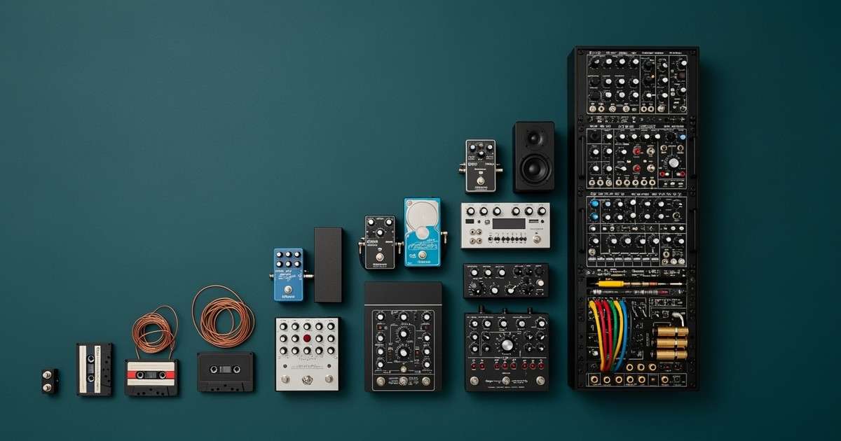 Musical equipment like cassettes, pedals, and speakers arranged precisely on a teal background to form the shape of a rising financial bar