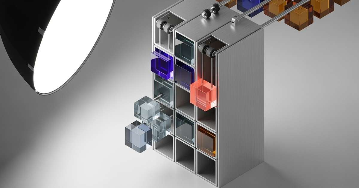 A minimalist 3D kinetic sculpture of a sleek sorting mechanism sliding glowing acrylic squares into a neat grid, symbolizing digital album