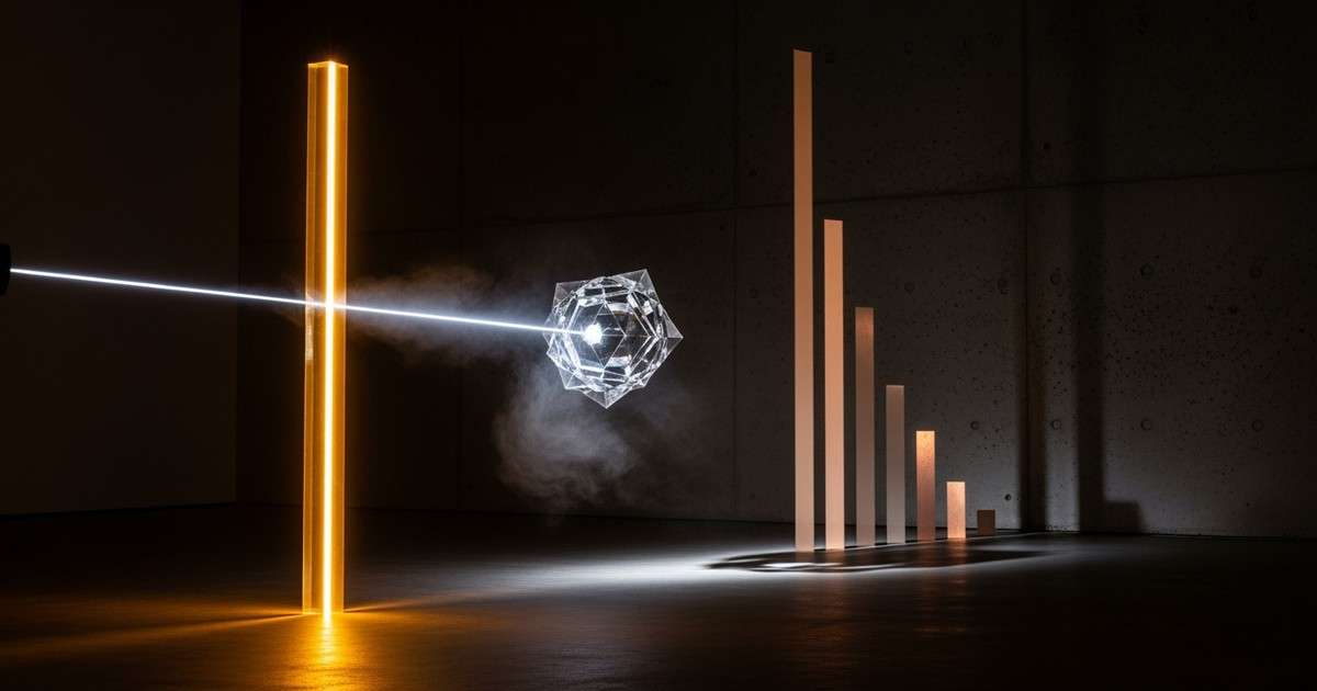 A cinematic light installation where a glass prism splits a beam into vertical bars of light ranging from blinding gold to faint copper.