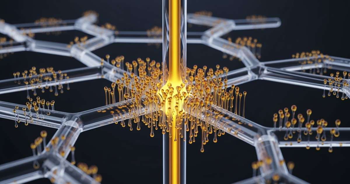 A 3D render of a network of clear glass tubes against a dark background, with molten gold liquid flowing from many small branches into a