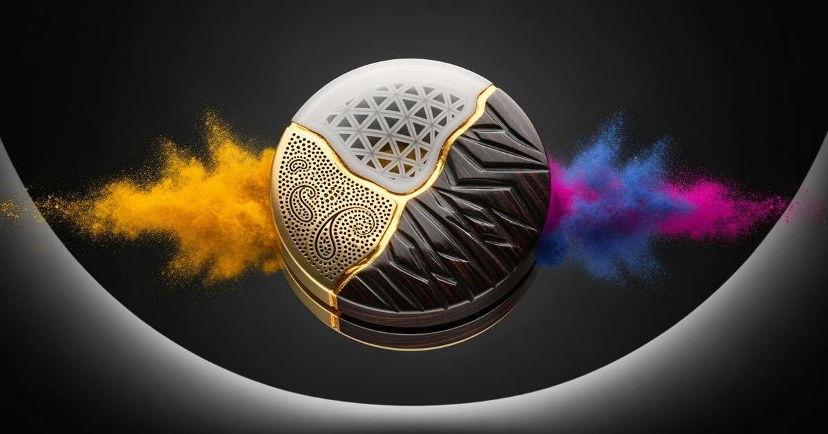 A close-up of a conceptual speaker cone crafted from porcelain, brass, and ebony wood, vibrating to release a cloud of saffron and indigo