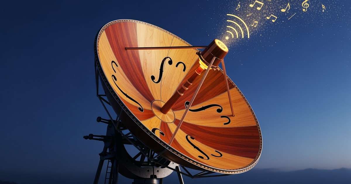 A large parabolic satellite dish, beautifully crafted from varnished violin wood with f-hole cutouts, sits on a misty hilltop at twilight