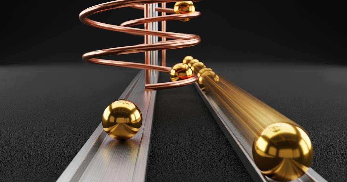 A close-up of a premium kinetic sculpture where gold spheres roll down parallel tracks; one track is straight and efficient, the other