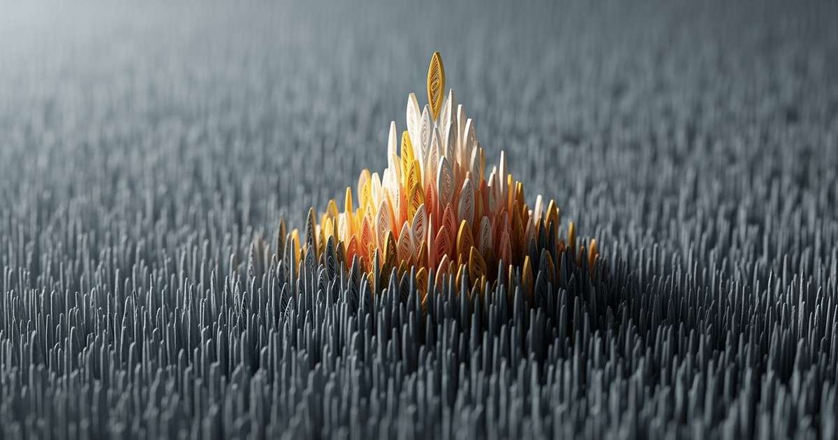 Macro photograph of a paper quilling sculpture depicting a vast flat field of grey paper strips interrupted by a single, towering peak of