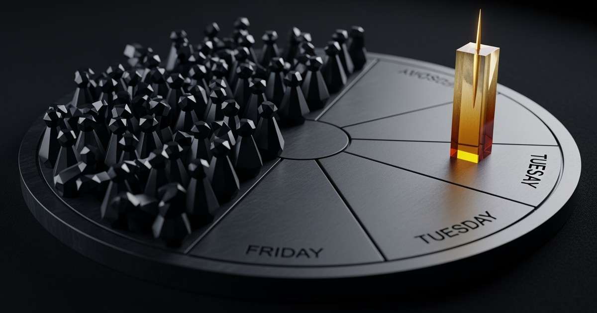 A circular strategy board with vinyl-like grooves, featuring one overcrowded sector of black pawns and an open sector with a single gold