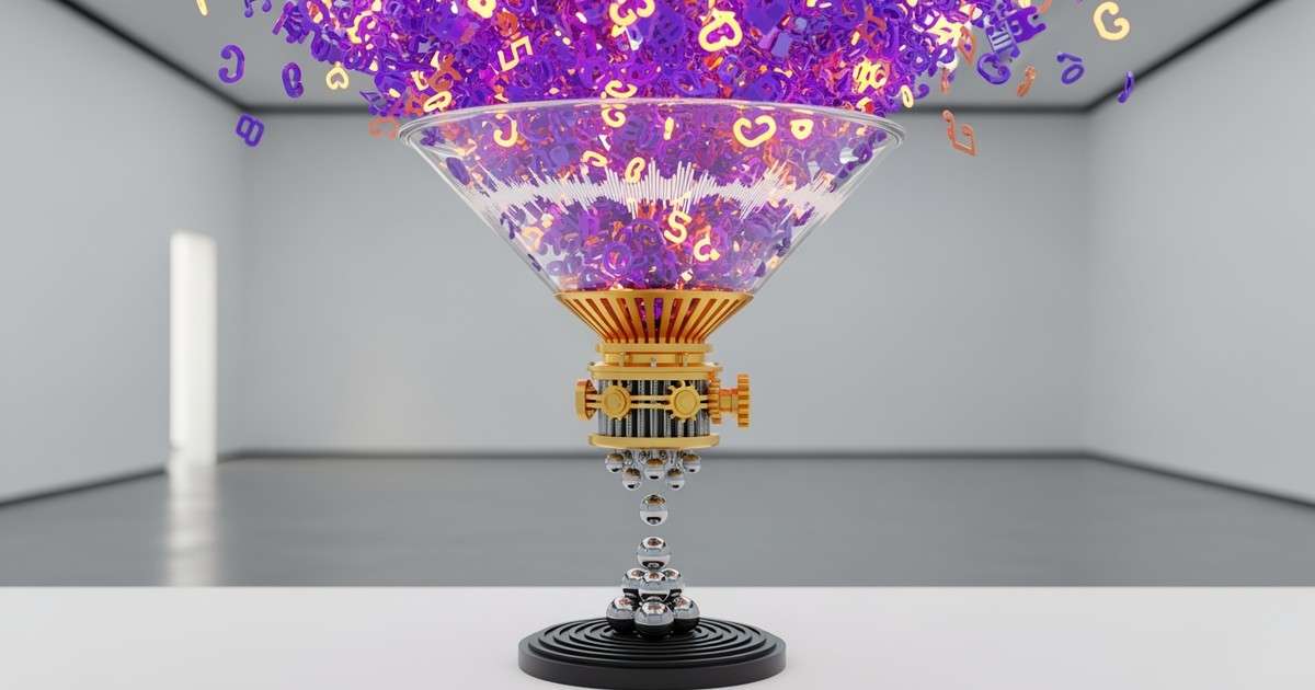 A kinetic sculpture of a glass funnel sorting thousands of swirling, colorful musical notes into a single, organized stack of chrome discs.
