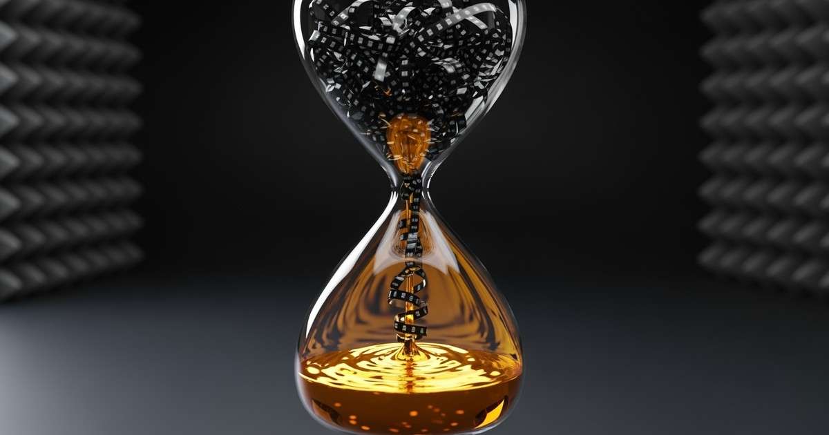 A modern hourglass suspended in a dark studio; black magnetic tape cascades from the top bulb, transforming into liquid gold in the bottom