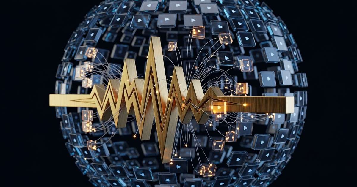 A golden audio waveform floats in a dark void, connected by glowing optical fibers to surrounding glass screens, representing YouTube