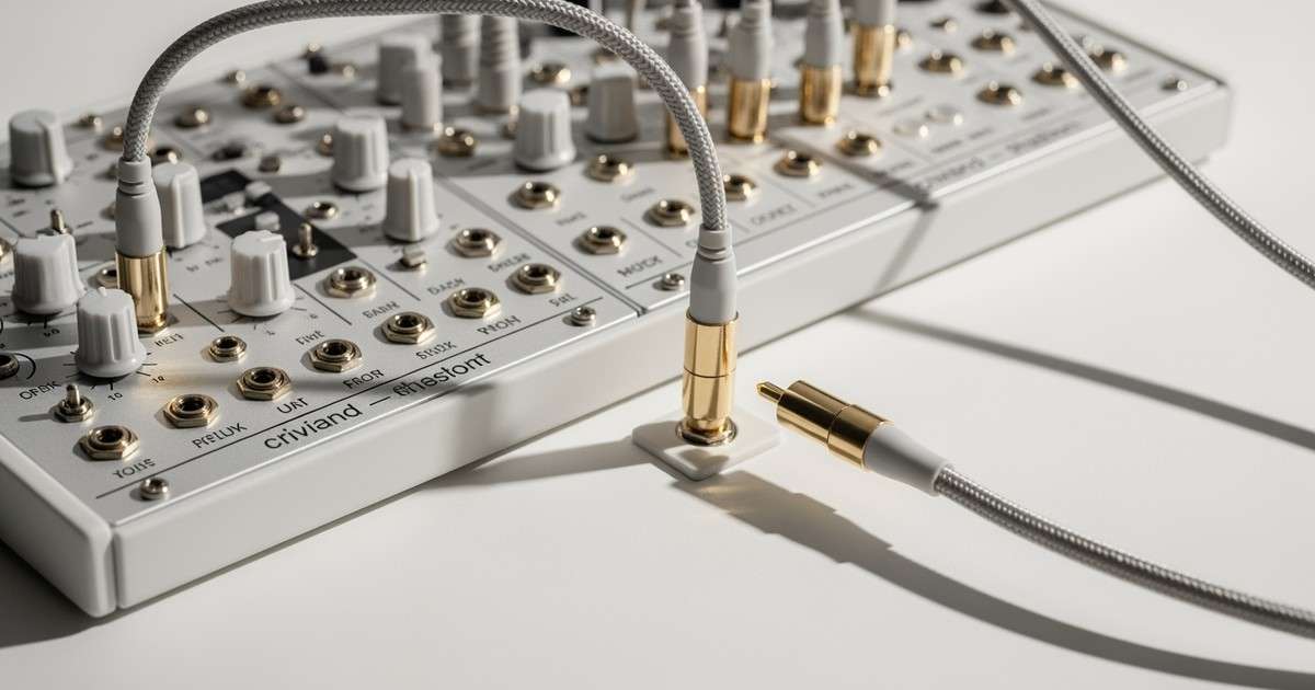 Close-up of a white porcelain modular synthesizer interface where one braided silk cable is unplugged, disrupting a network of gold