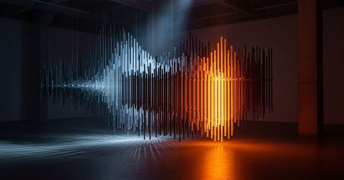 A large-scale light installation in a dark gallery features hanging acrylic rods; most are dim blue, but one cluster glows bright amber,