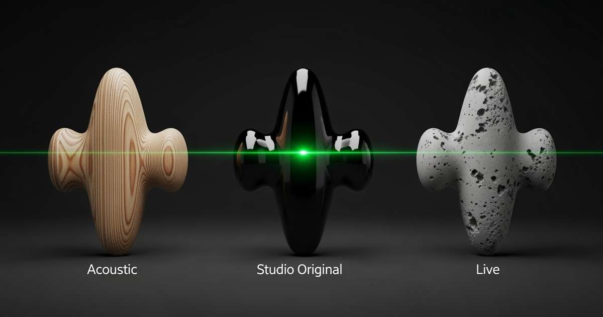 Three abstract waveform sculptures stand in a dark void: one made of polished chrome, one of raw wood, and one of rough concrete. A green