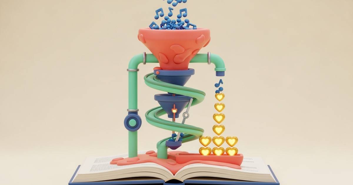 A 3D polymer clay illustration of a colorful machine rising from an open book, converting raw music notes into golden hearts through a
