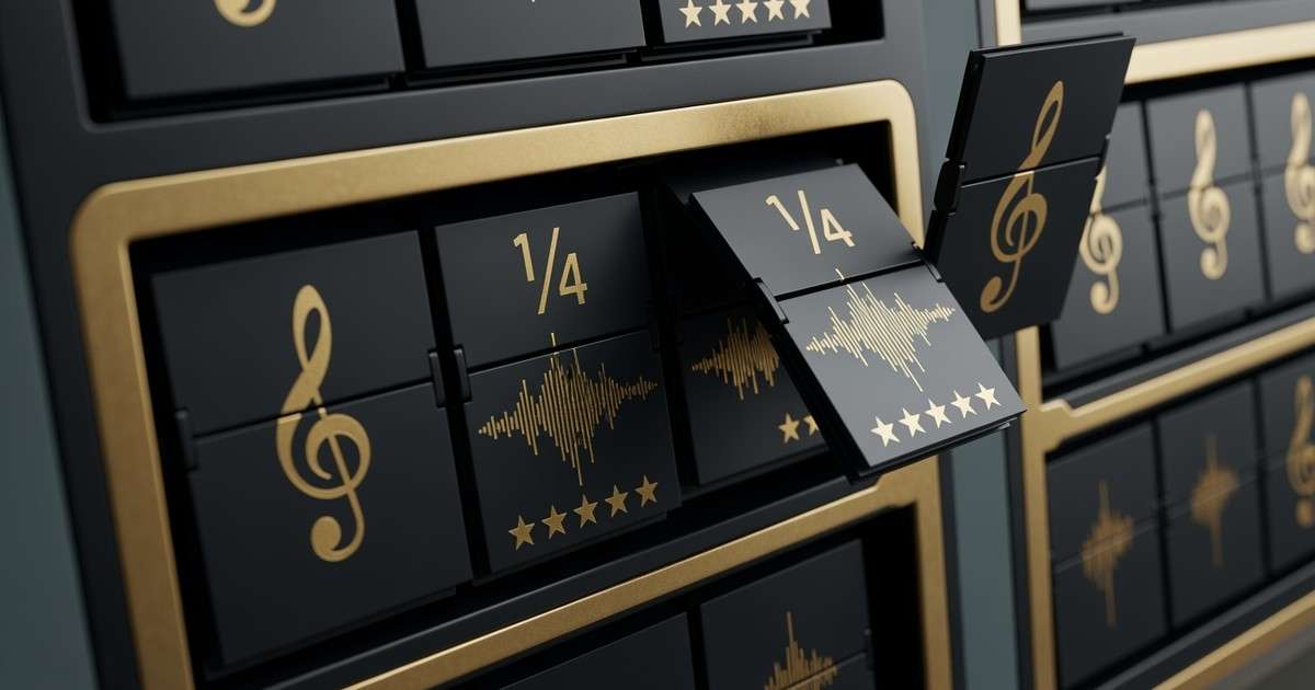 Close-up of a premium matte-black mechanical split-flap display where the flaps show gold-stamped musical notes and star ratings.