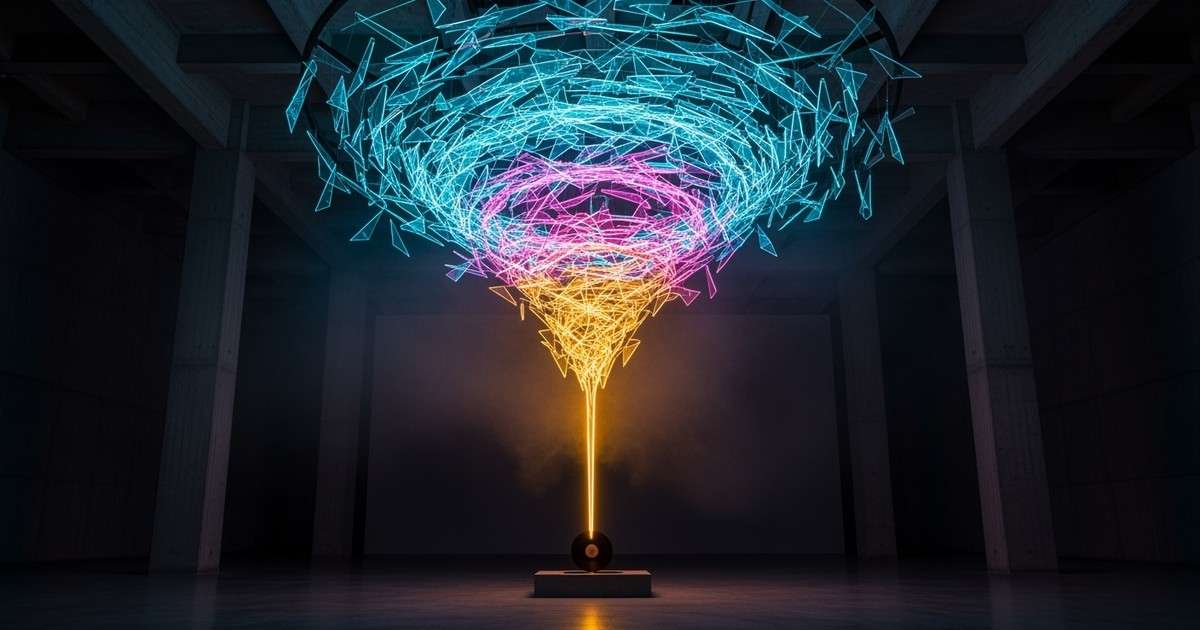 A massive light-art installation in a dark gallery features a chaotic cloud of neon shards spiraling into a single, solid column of gold