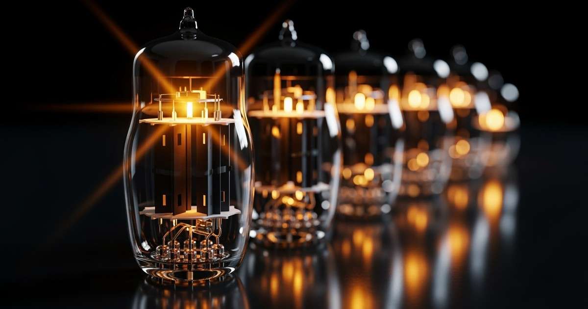 Macro photograph of a row of vintage amplifier vacuum tubes glowing at different intensities, with the largest tube emitting a bright