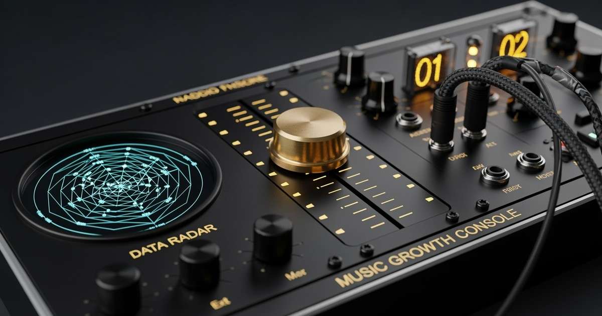 A close-up of a high-end, conceptual modular control panel with a motorized brass fader sliding upward, amber data displays, and patch