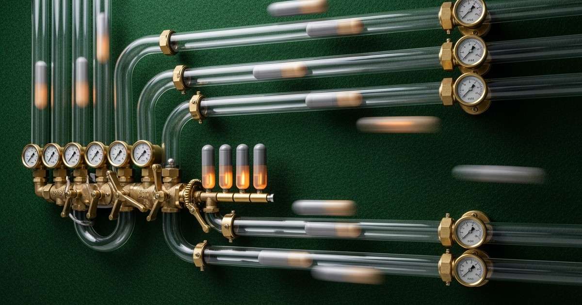 A close-up of a retro-futuristic pneumatic tube system with clear pipes carrying glowing musical capsules across a deep emerald wall.