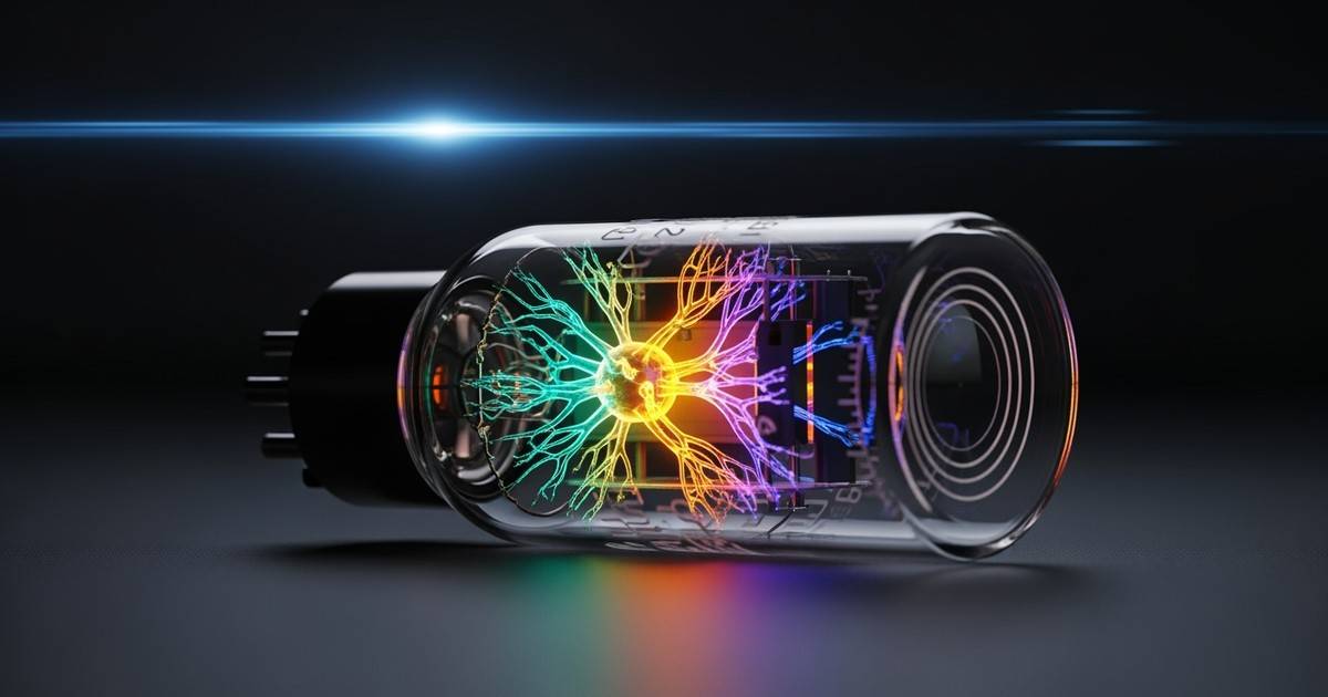 Macro photograph of a futuristic glass amplifier tube containing a glowing, branching filament network of gold and teal light.