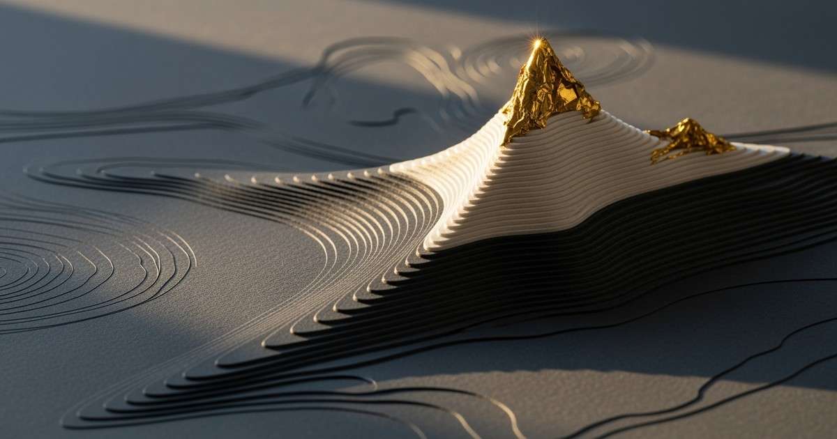 A conceptual paper-art landscape where a vast, dark grey plain represents millions of unpaid tracks, contrasted by a steep, glowing gold