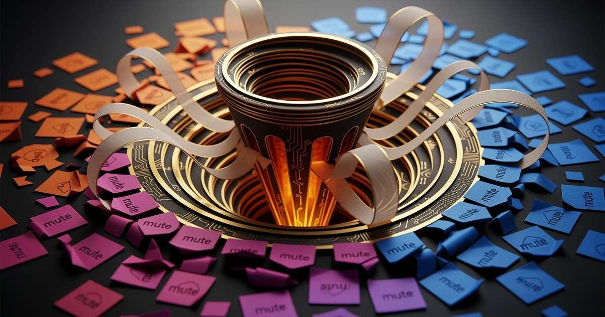 A detailed paper-art sculpture showing a golden speaker cone bursting through a flat layer of colorful, muted square tiles.