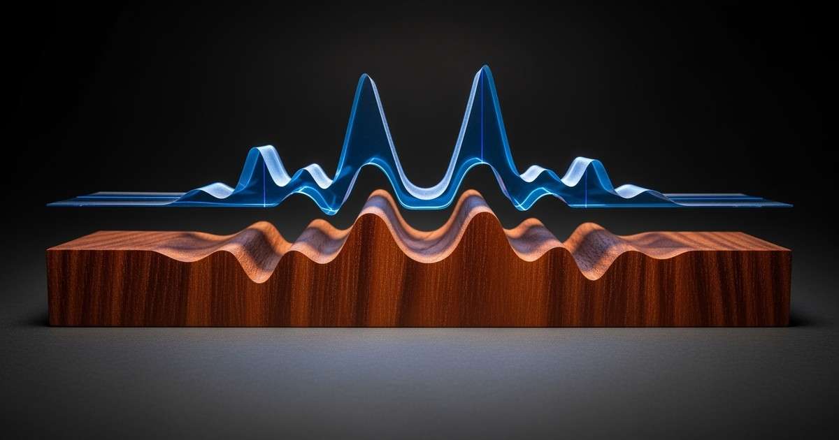 A conceptual architectural close-up of a mahogany wood sculpture shaped like a sound wave, mirrored by a glowing, synthetic blue resin