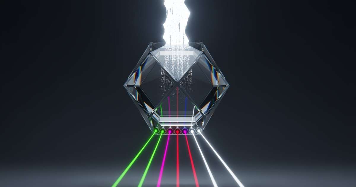 A floating dichroic glass prism splits a chaotic beam of glitchy light into five distinct, parallel laser streams in green, pink, and red.