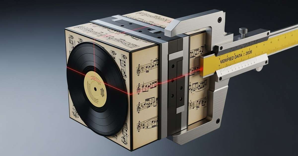 A hyper-realistic close-up of a cube made of layered vinyl records and sheet music, held by a high-tech gold and aluminum caliper,
