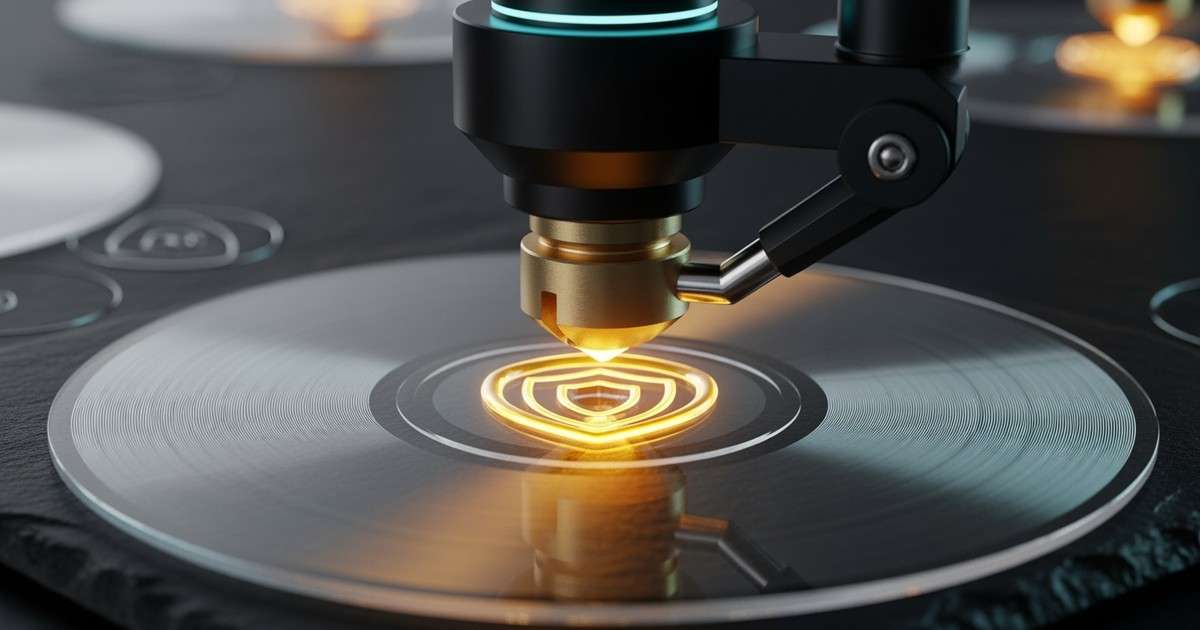 A close-up of a mechanical arm stamping a glowing molten gold seal onto a transparent glass music disc, symbolizing commercial licensing.