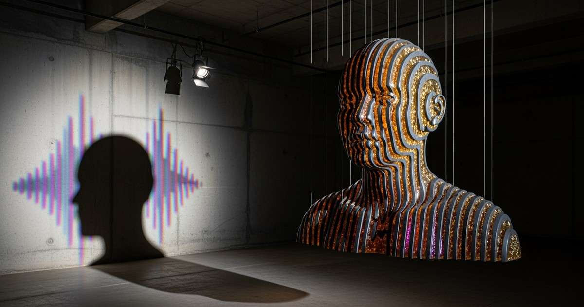 A suspended sculpture made of sliced glass and metal layers forms a ghostly human silhouette in a concrete gallery, casting a spectrum