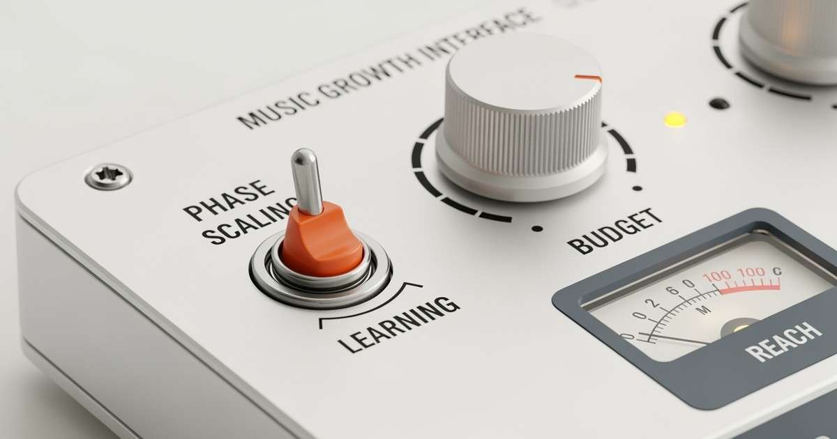 Close-up of a minimalist industrial control panel featuring a toggle switch flipped to 'SCALING' and a rotary knob labeled 'BUDGET'.