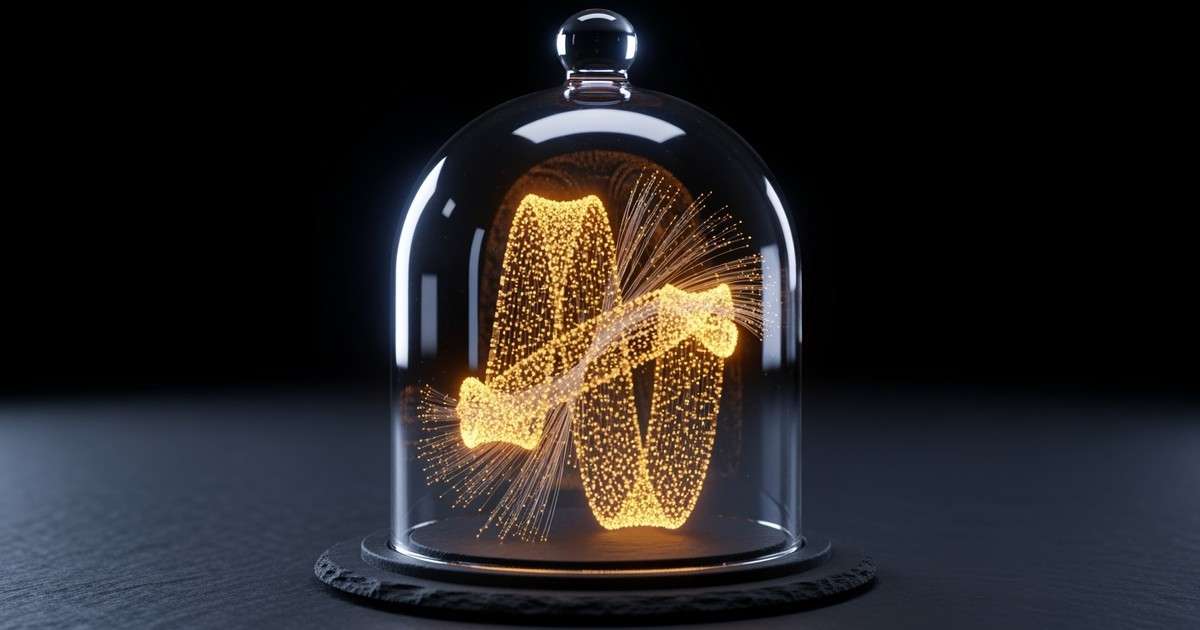 A glowing, digital audio waveform made of golden voxels is trapped inside a heavy, sealed glass bell jar on a dark slate surface.