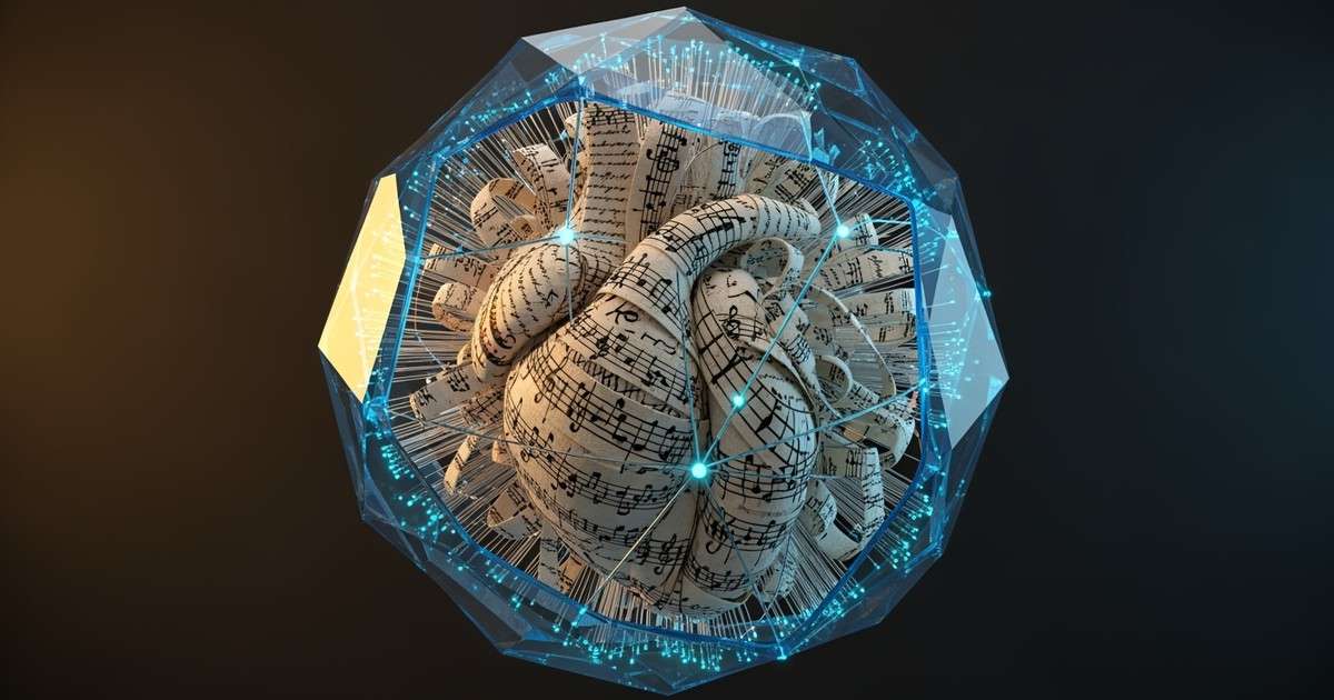 A sphere of handwritten paper strips floats inside a geometric cage of blue laser light and clear glass, representing human lyrics within
