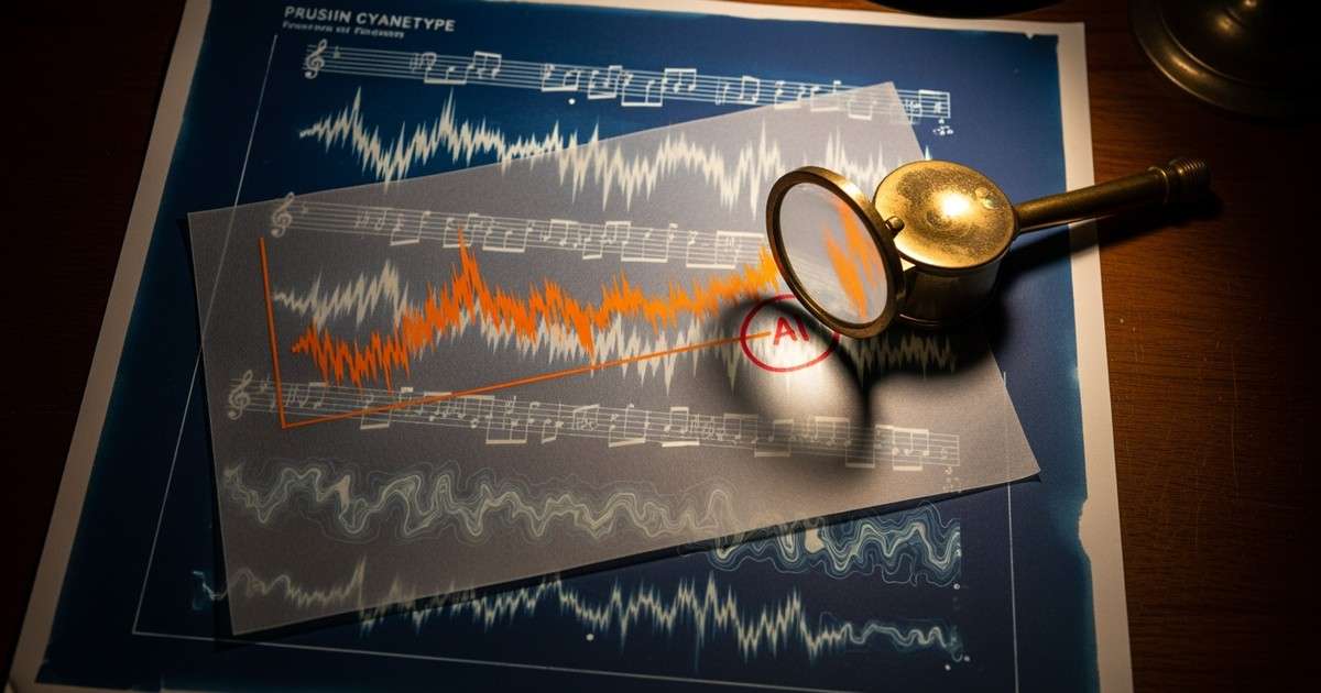 Top-down macro shot of a drafting desk featuring a blue cyanotype of a sound wave overlaid with a translucent sketch, highlighting