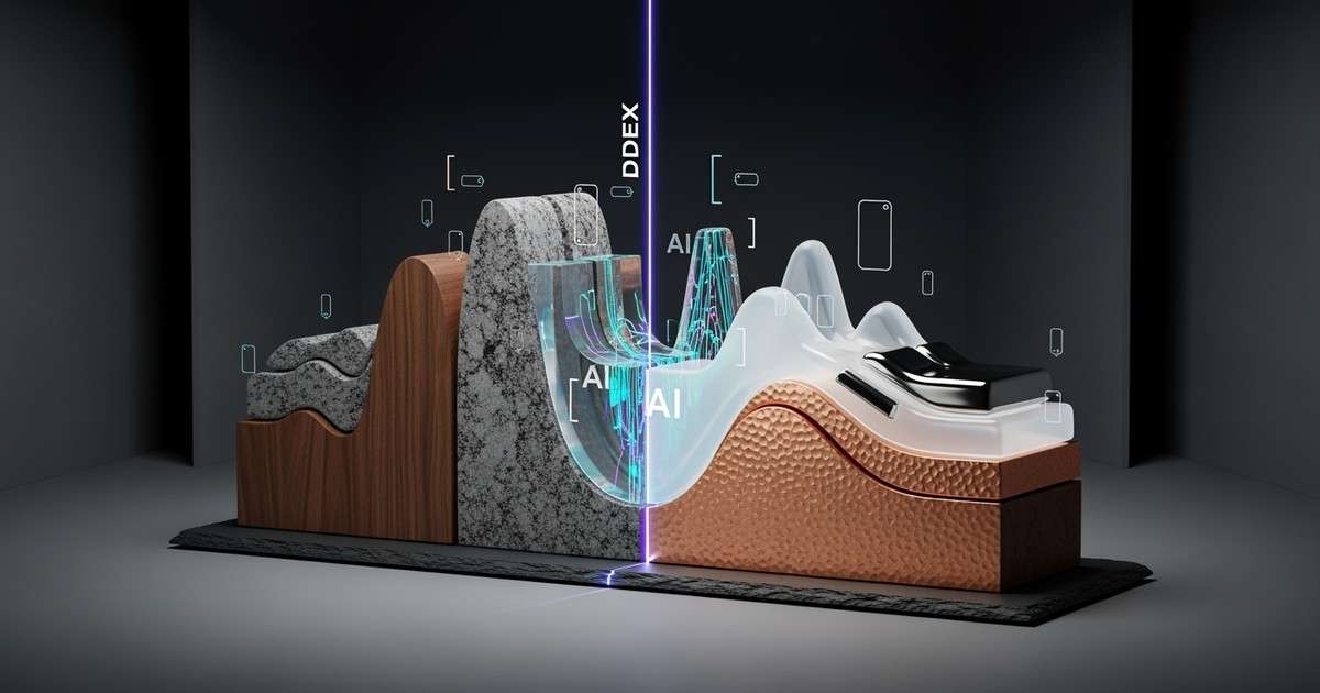 A conceptual 3D sculpture of a sound wave made of mixed walnut wood and glowing blue resin, symbolizing human and AI music collaboration.