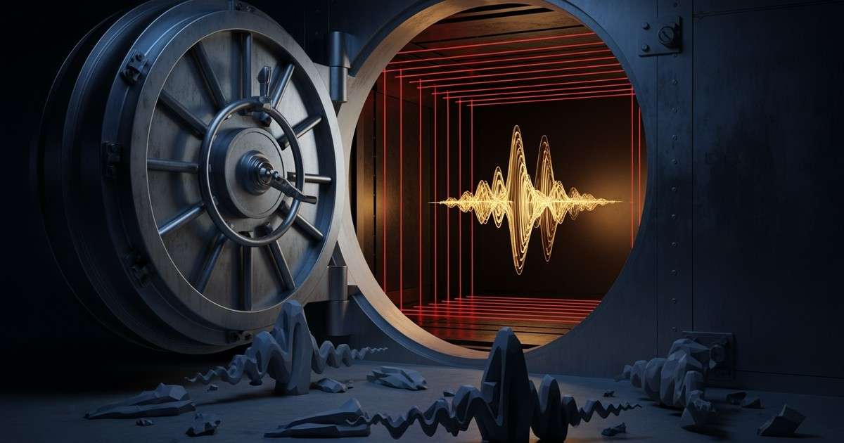 A heavy steel vault door opens to reveal a glowing golden soundwave protected by red lasers, contrasting with broken grey replicas on the