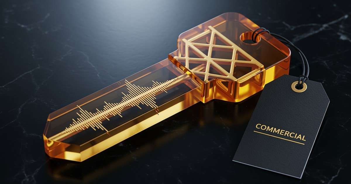 A close-up, hyper-realistic 3D render of a translucent amber key with a gold waveform core and a tag reading COMMERCIAL, resting on black