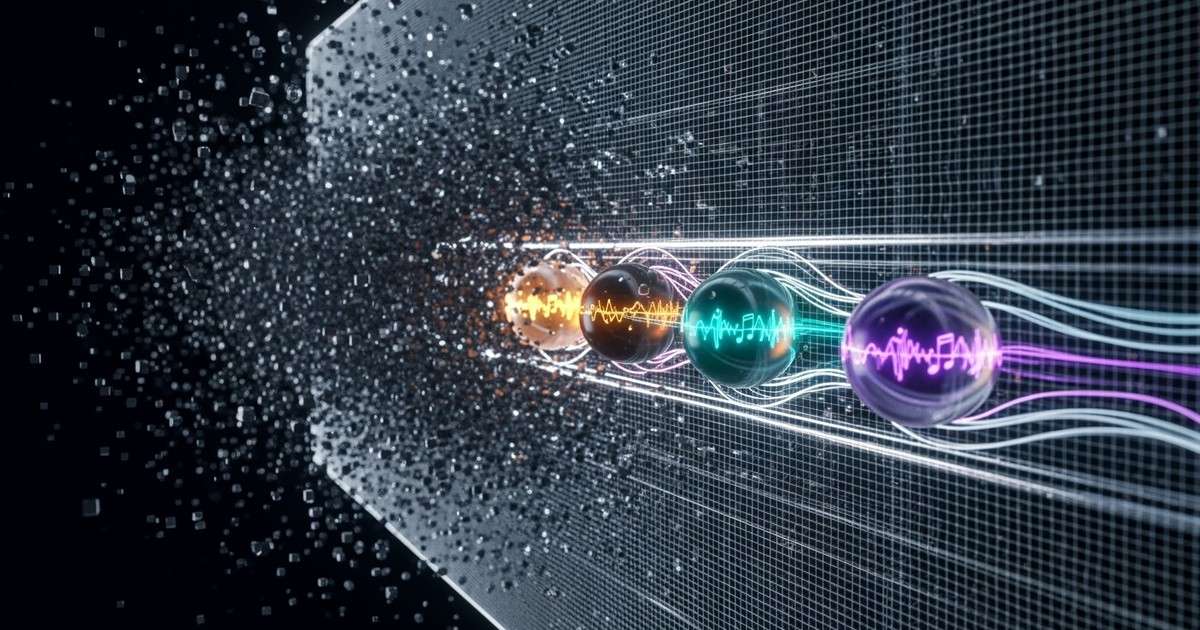 A 3D abstract illustration showing glowing spheres passing through a digital mesh barrier while jagged debris is blocked.