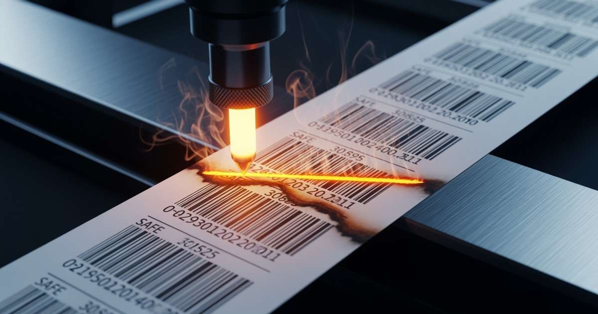 A macro shot of a heated mechanical stylus burning strike-through lines onto a royalty statement, creating smoke wisps and charred edges.