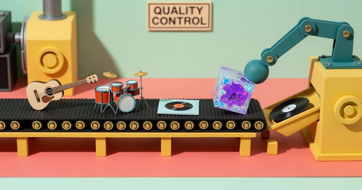 A whimsical stop-motion diorama of a music factory conveyor belt where a vintage mechanical arm rejects a glowing digital glitch block