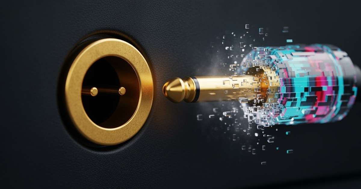 Macro shot of a solid gold audio jack rejecting a dissolving, digital cable connector, symbolizing the incompatibility of AI music with