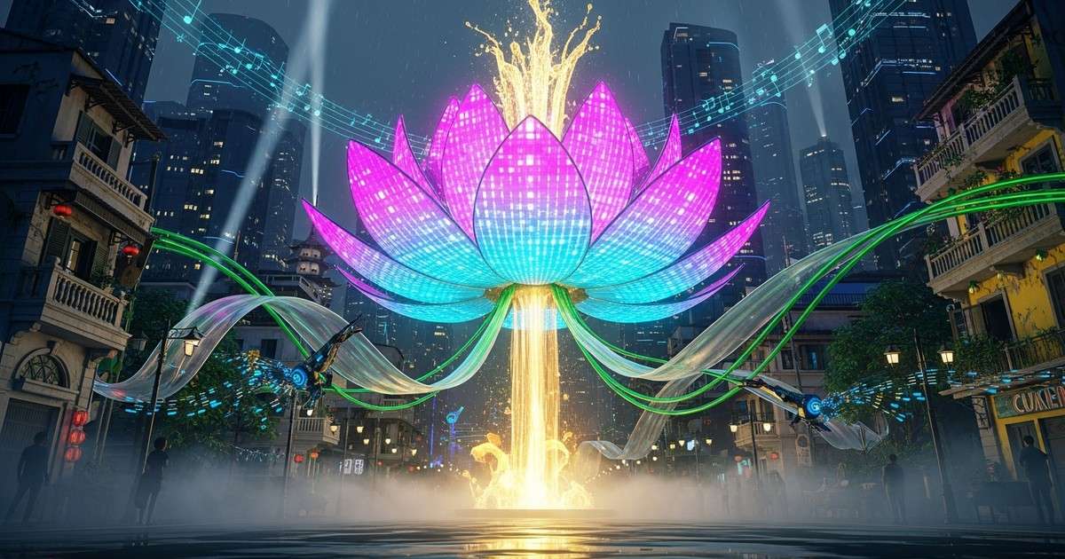 Surreal digital art of a glowing golden lotus rising from a futuristic, neon-lit version of Hanoi, symbolizing Vietnam's high music revenue